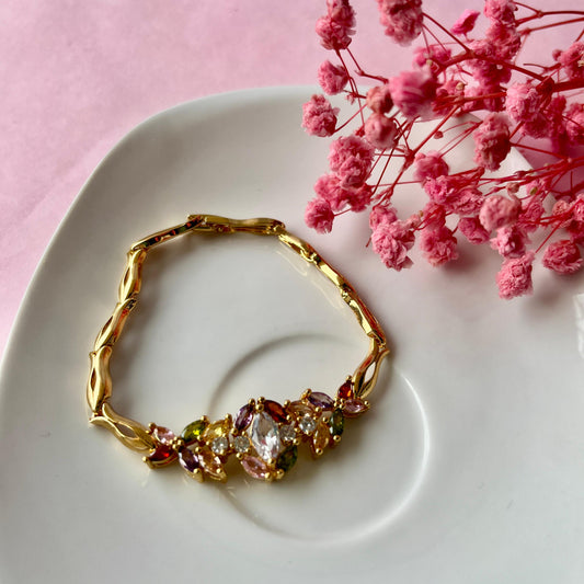 Pulsera tipo eslabón/flores de pedrería de colores