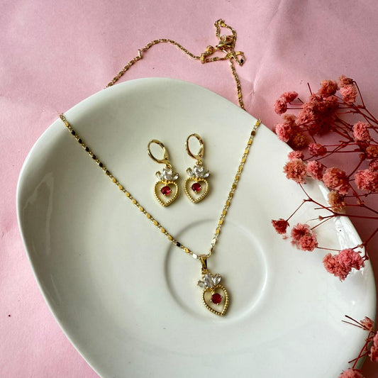 Conjunto Corazón Pedrería Roja/Blanca